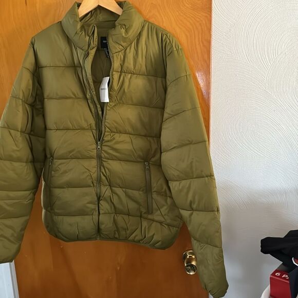 Green Puffer Jacket Mens Large Zip Pockets - Picture 1 of 4